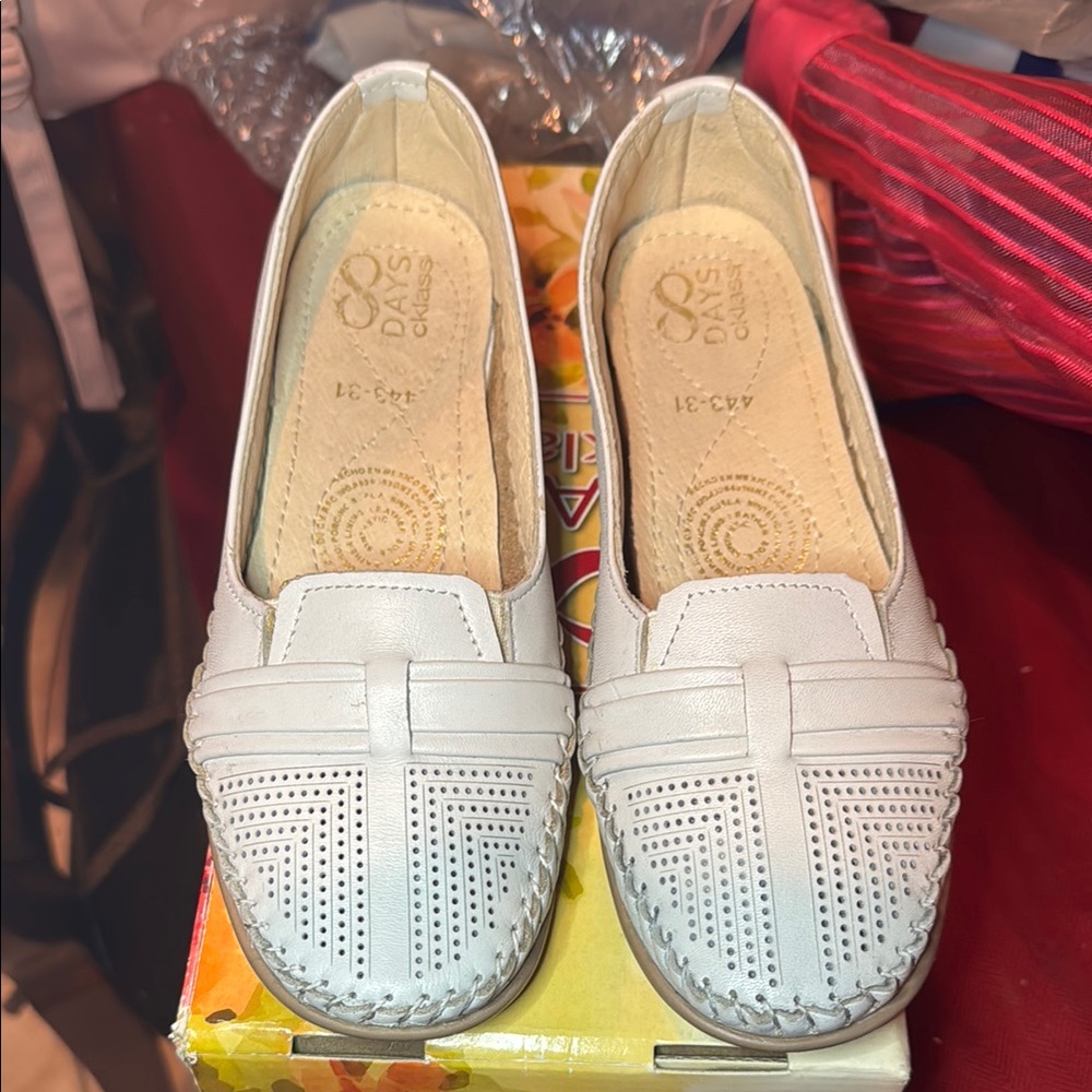 White Flats with Metallic Detailing and Rounded Toe